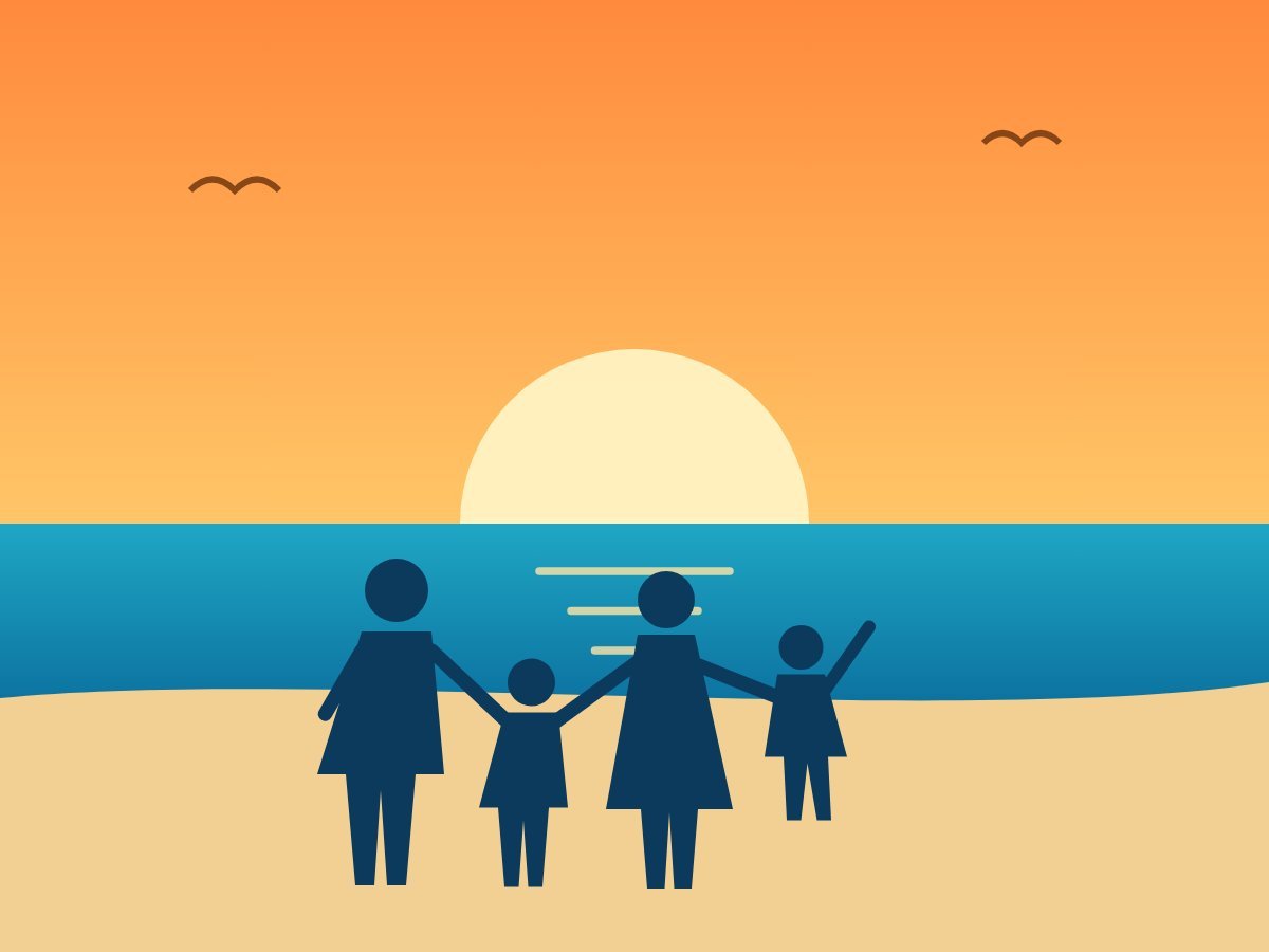 Ilustración de familia en la playa al atardecer