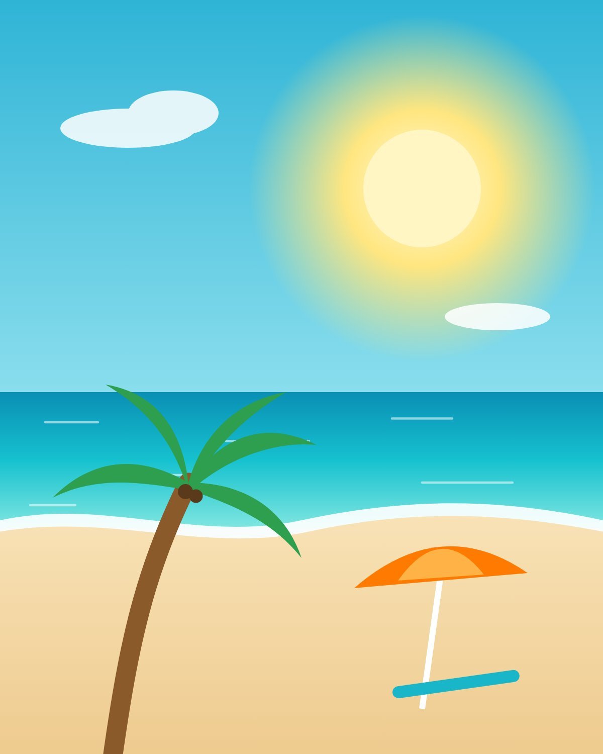 Ilustración de playa con palmera y sombrilla